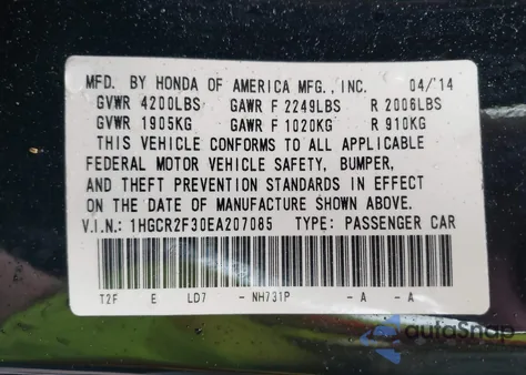 2014 Honda Accord Lx z USA, uszkodzony, nr VIN 1HGCR2F30EA207085